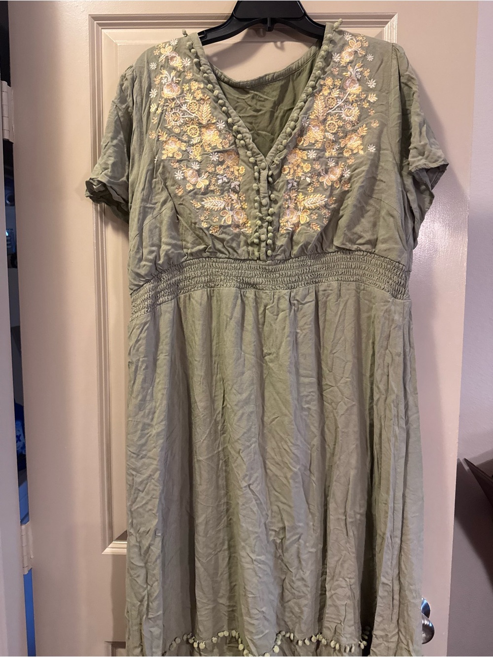 Sage Green Maxi Dress with Yellow & White Floral Embroidery